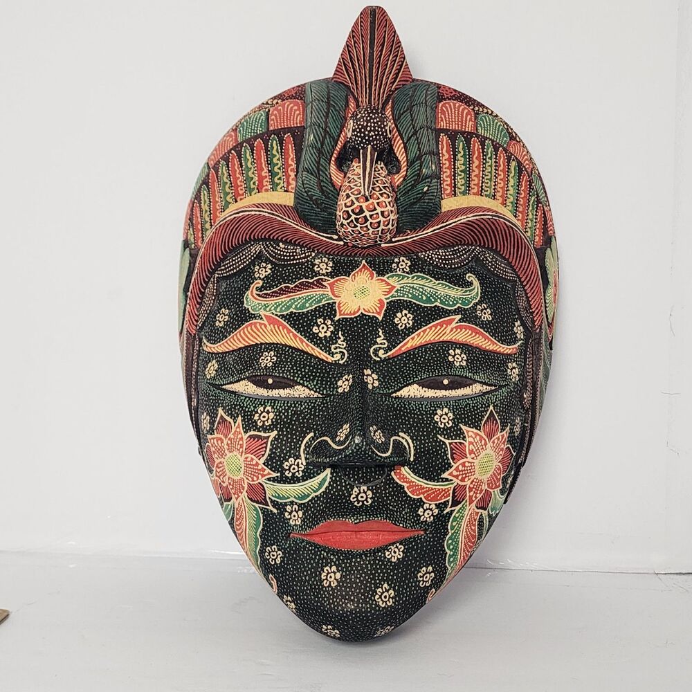 Hand-Carved Indonesian Batik Wood Mask Javanese Topeng Wall Art Decor Light Bird